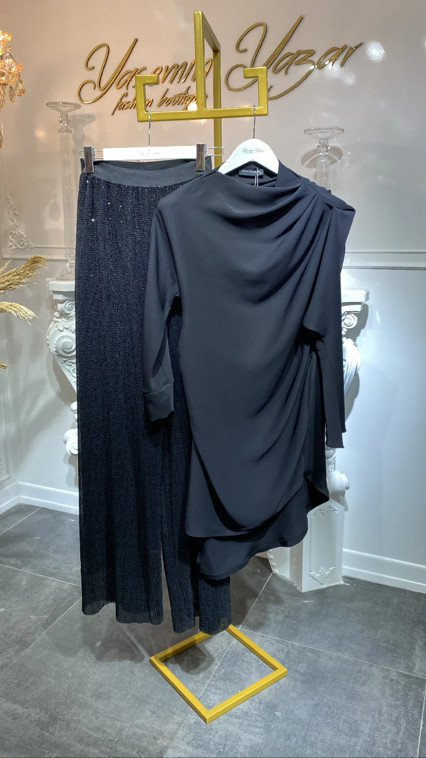 SİYAH HİLAL OĞUZKAN 8013 TEK OMUZ BÜZGÜLÜ PAYET PANTOLON TAKIM